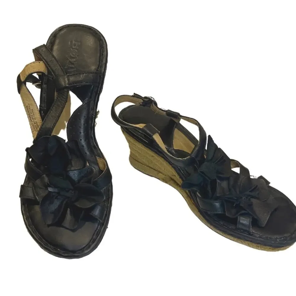 Born Women's Black Leather Wedge Sandals Size 9